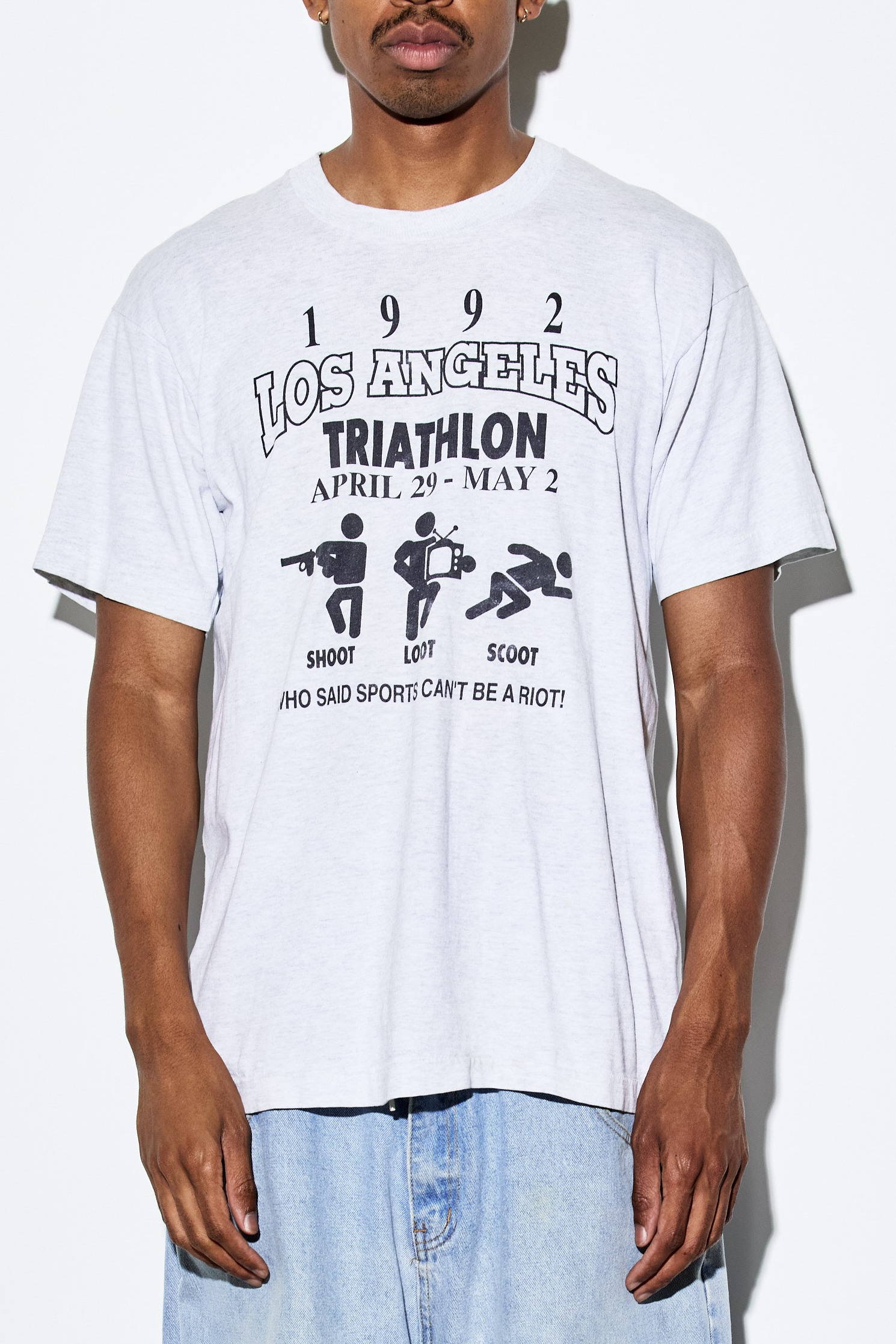 Vintage 1992 Los Angeles Riots “Shoot, Loot, Scoot” Rodney King Tee – 90s Triathlon