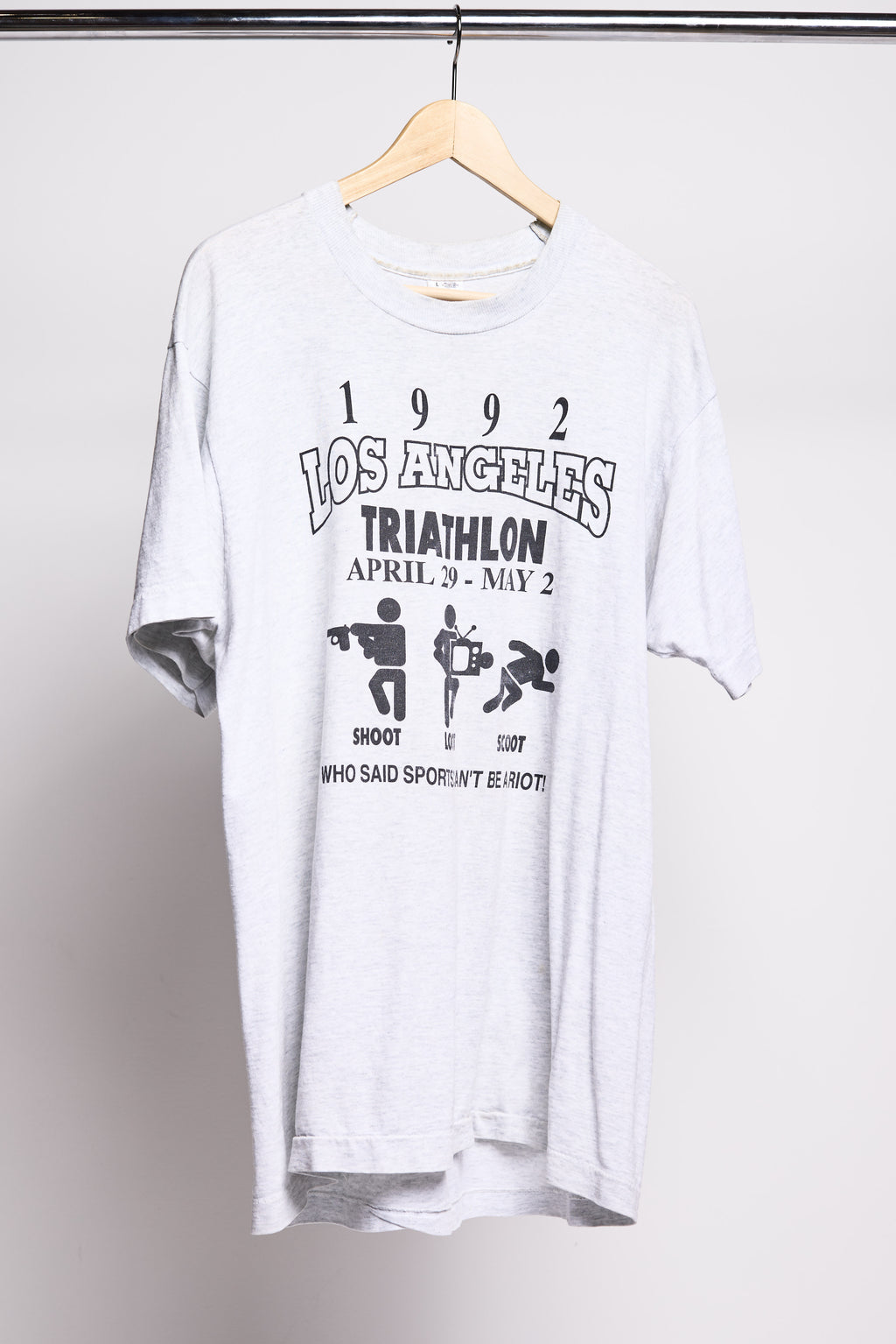 Vintage 1992 Los Angeles Riots “Shoot, Loot, Scoot” Rodney King Tee – 90s Triathlon